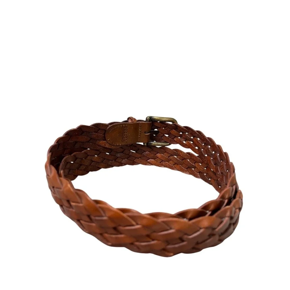 Cognac Brown Woven Braided Leather Belt Brass Buckle Size 44 954048